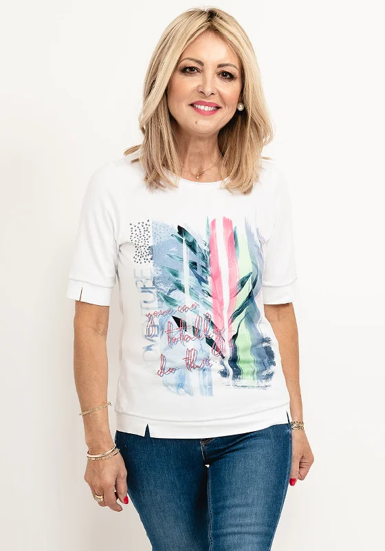 Rabe Leaf Mix Print Graphic T-Shirt, White Multi-- Fashionable Trendy Casual