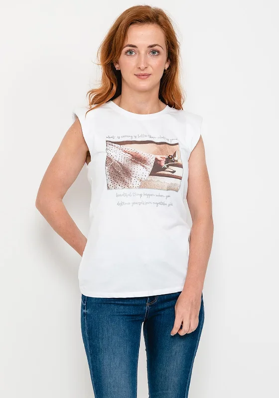 Seventy1 Padded Shoulder Sleeveless T-Shirt, White & Coffee-- Houndstooth Herringbone Solid Seventy1 Padded Shoulder Sleeveless T-Shirt, White & Coffee-- Houndstooth Herringbone Solid