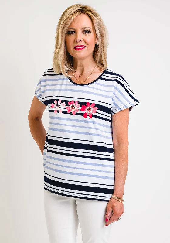 Leon Collection Striped Flower Print T-Shirt, Blue & Pink-- Solid Color Striped Floral
