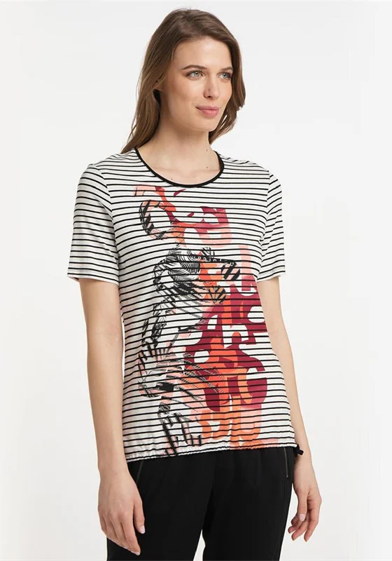 Barbara Lebek Striped Graphic Tie Hem T-Shirt, Black Multi-- Ribbed Striped Patterned Barbara Lebek Striped Graphic Tie Hem T-Shirt, Black Multi-- Ribbed Striped Patterned