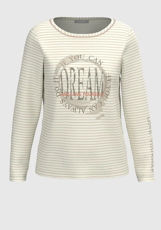 Bianca Dami Striped Long Sleeve T-Shirt, Beige & Cream-- Hooded Caped Shawl Collar