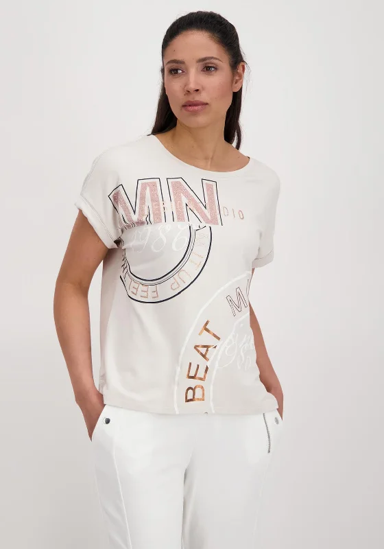 Monari Letter Emblem Print T-Shirt, Beige-- Denim Fabric Leather Fabric Suede Fabric Monari Letter Emblem Print T-Shirt, Beige-- Denim Fabric Leather Fabric Suede Fabric