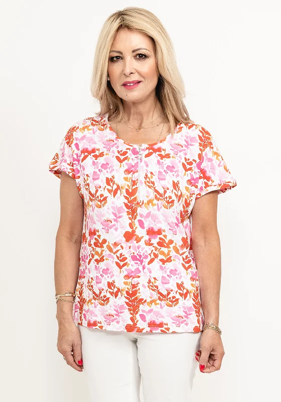 Micha Floral Round Zip Neck T-Shirt, Pink Multi-- Cozy Warm Stylish