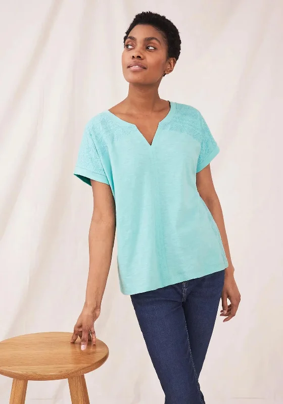 White Stuff Nelly Embroidered T-Shirt, Bright Blue-- Notch Collar Peter Pan Collar Cowl Neck