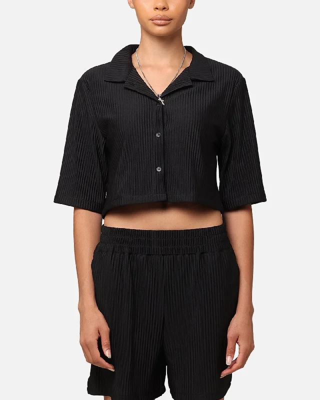 XXIII Women's Cropped Pleated Button Up Shirt Black-- Wool Fabric Cashmere Fabric Tweed Fabric XXIII Women's Cropped Pleated Button Up Shirt Black-- Wool Fabric Cashmere Fabric Tweed Fabric