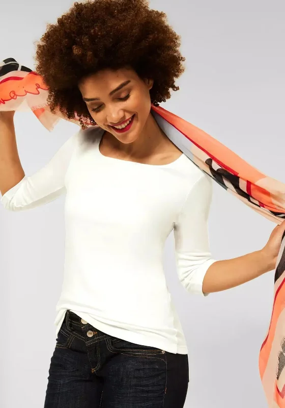 Street One Square Neckline T-Shirt, Off White-- Embroidered Appliqued Beaded