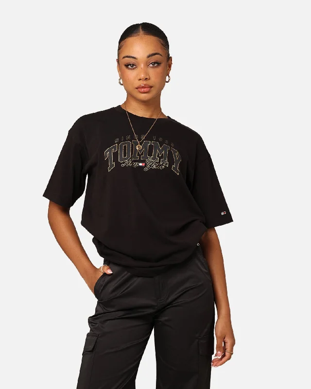Tommy Jeans Women's Oversized Lux Varsity T-Shirt Black-- Denim Fabric Leather Fabric Suede Fabric Tommy Jeans Women's Oversized Lux Varsity T-Shirt Black-- Denim Fabric Leather Fabric Suede Fabric