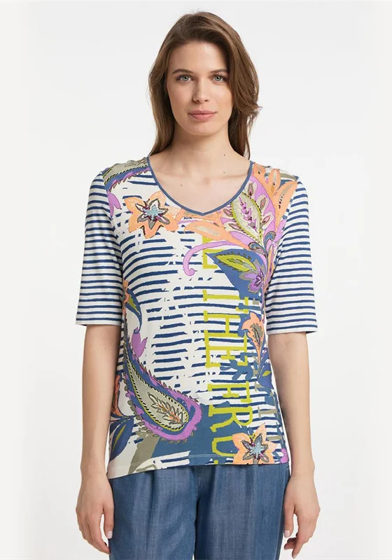 Barbara Lebek Floral Striped Print T-Shirt, Blue Multi-- Welt Pockets Slit Pockets