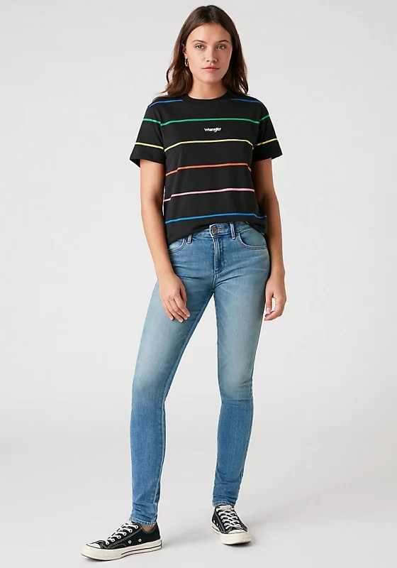 Wrangler Womens Rainbow Stripe Regular Rib T-Shirt, Black-- Front Pockets Side Pockets Patch Pockets Wrangler Womens Rainbow Stripe Regular Rib T-Shirt, Black-- Front Pockets Side Pockets Patch Pockets