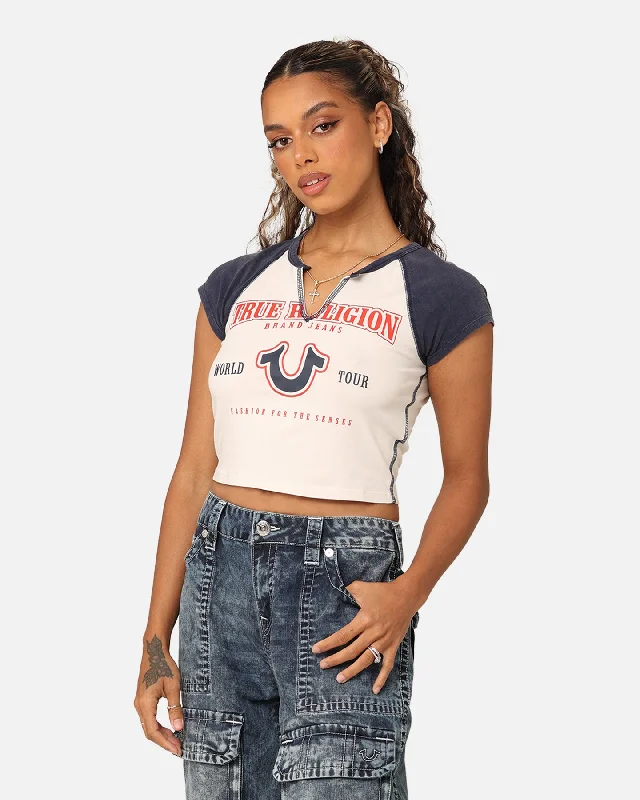 True Religion Women's Raglan Slim Baby T-Shirt Winter White/Navy-- Striped Floral Plaid True Religion Women's Raglan Slim Baby T-Shirt Winter White/Navy-- Striped Floral Plaid