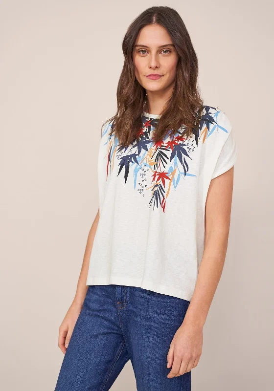 White Stuff Leaf Print Neckline T-Shirt, Blue Multi-- Collared T-Shirt Boat Neck A-Line