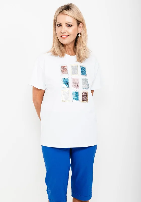 Seventy1 One Size Sequin Squares T-Shirt, White & Blue-- Spandex Blend Rayon Blend Denim Blend Seventy1 One Size Sequin Squares T-Shirt, White & Blue-- Spandex Blend Rayon Blend Denim Blend
