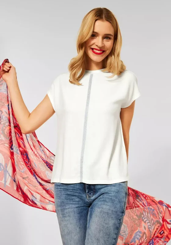 Street One Shimmer Line Front T-Shirt, Off White-- Ribbed Striped Patterned