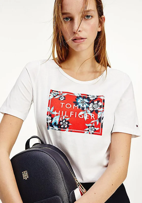 Tommy Hilfiger Womens Floral Logo T-Shirt, White & Red-- Graphic Embroidered Appliqued