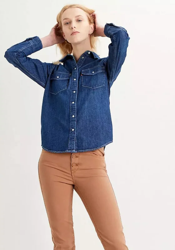 Levis® Womens Essential Western Shirt, Dark Indigo-- Zippered Front Buttoned Front Snap Front Levis® Womens Essential Western Shirt, Dark Indigo-- Zippered Front Buttoned Front Snap Front