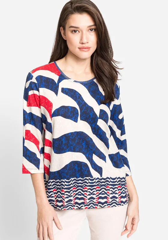 Olsen Abstract Print T-Shirt, Blue & Red Multi-- Boxy Fit Fitted Loose