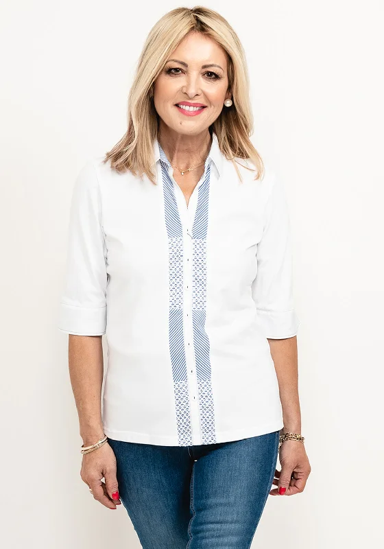 Just White Stripe Trim Placket Shirt, White-- Graphic Embroidered Appliqued
