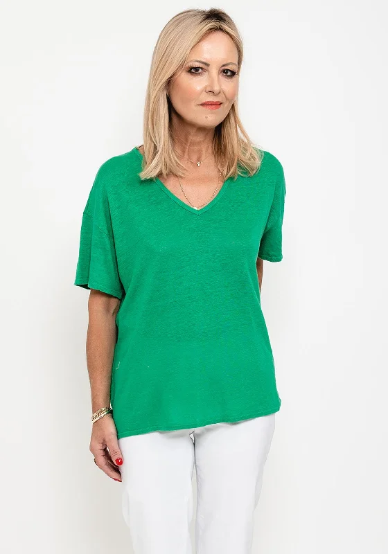Seventy1 One Size V Neck Linen T-Shirt, Green-- Print Jacquard Patchwork