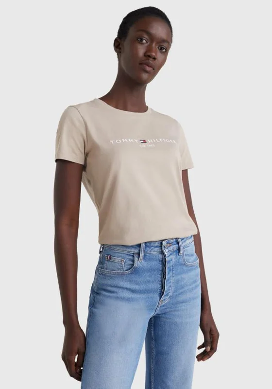 Tommy Hilfiger Womens Logo T-Shirt, Beige-- Handmade Hand-knitted Hand-woven