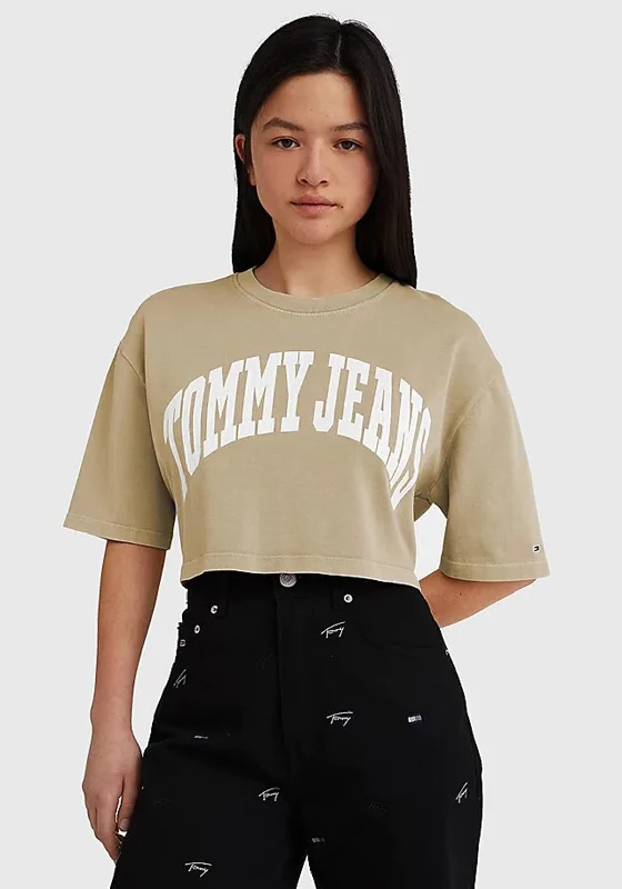 Tommy Jeans Womens Crop College T-Shirt, Savannah Sand-- Collared T-Shirt Boat Neck A-Line