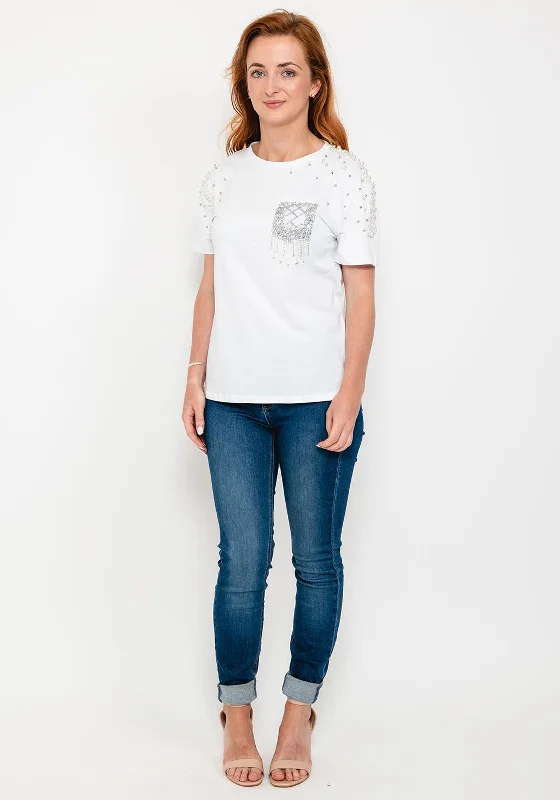 Seventy1 Pearl & Rhinestone Embellished T-Shirt, White-- Striped Floral Plaid