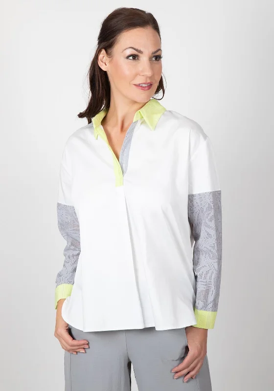 Inco Laser Cut Sleeve Oversize Shirt, White Multi-- Mesh Fabric Canvas Fabric Denim Fabric Inco Laser Cut Sleeve Oversize Shirt, White Multi-- Mesh Fabric Canvas Fabric Denim Fabric