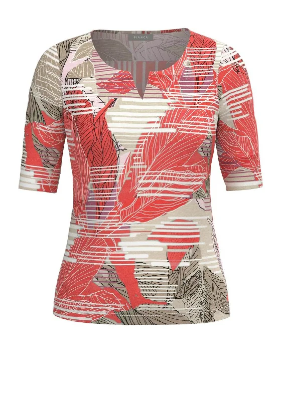 Bianca Paula Leaf Print T-Shirt, Red Multi-- V-Neck T-Shirt Long Sleeve Cotton