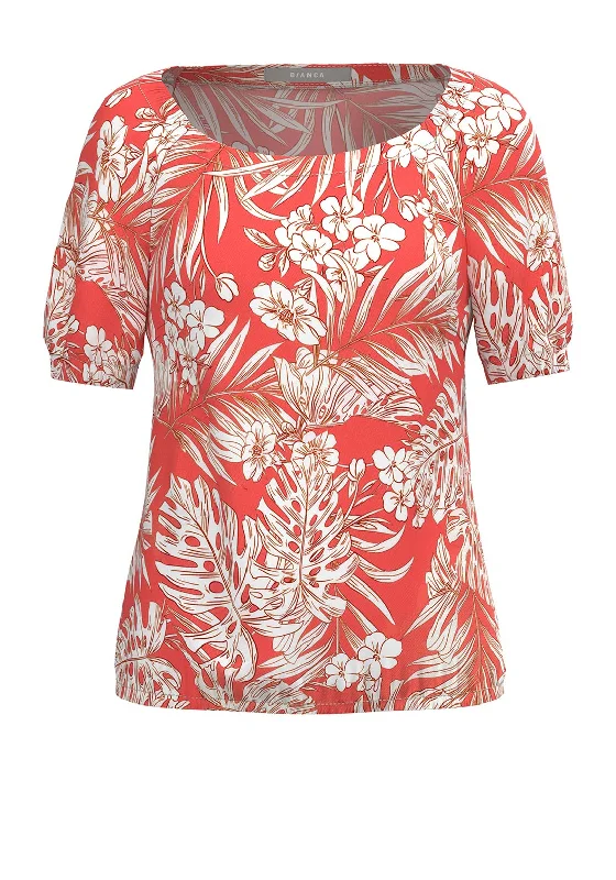 Bianca Riana Leaf Print T-Shirt, Red & White-- Anti-Shrink Durable Soft