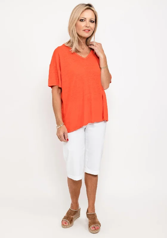 Seventy1 One Size V Neck Linen T-Shirt, Orange-- Striped Floral Plaid