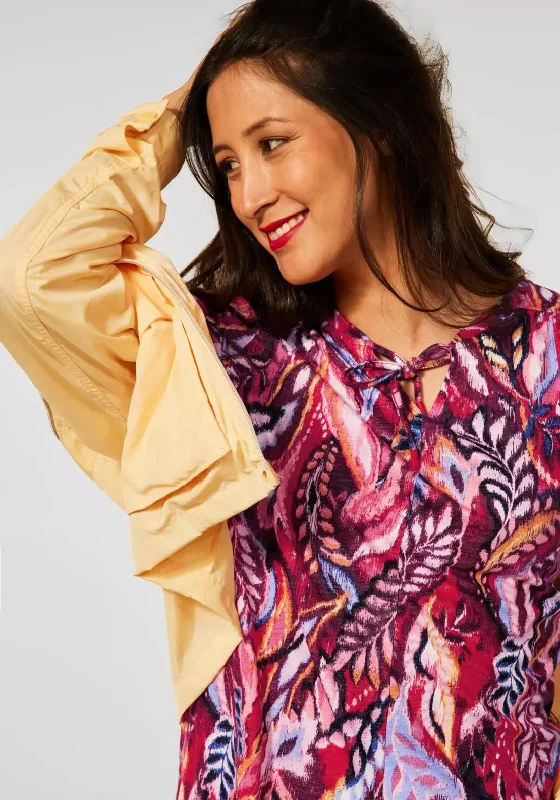 Street One Leaf Print Tie Neck T-Shirt, Cherry Red Multi-- Rayon Velvet Corduroy
