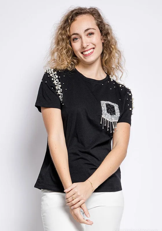 Seventy1 Pearl & Rhinestone Embellished T-Shirt, Black-- Print Jacquard Patchwork