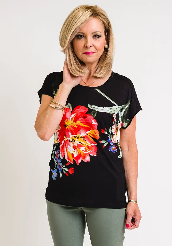 Leon Collection Blooming Flowers Print T-Shirt, Black Multi-- Layered Multi-layer Single Layer