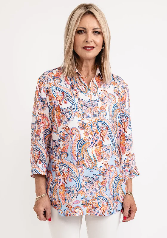 Just White Paisley Print Shirt, Orange Multi-- Ribbed T-Shirt High Neck Heavyweight