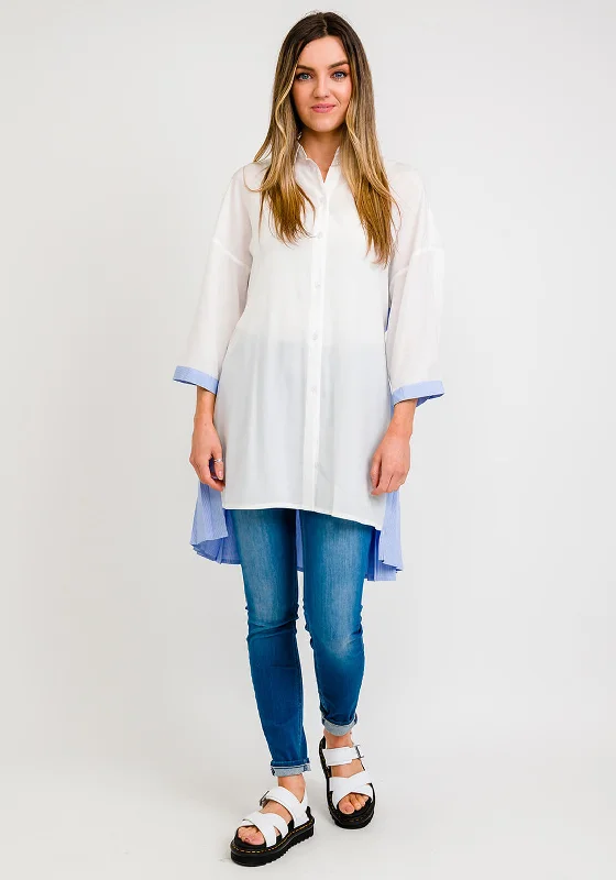 Jovonna Ostuni Panel Shirt, White & Blue-- Hooded Caped Shawl Collar
