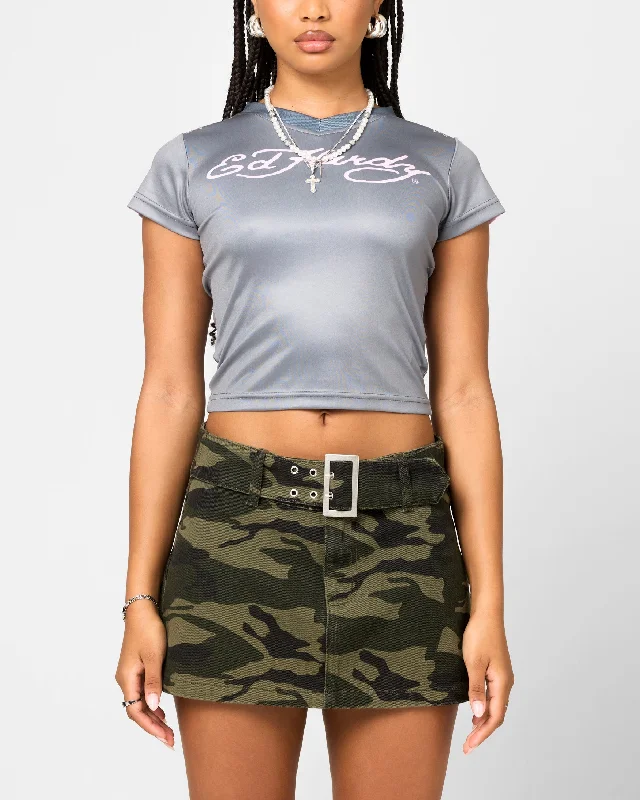 Ed Hardy Women's Football Baby T-Shirt Grey/Pink-- Thin T-Shirt Open Front Quick Dry Ed Hardy Women's Football Baby T-Shirt Grey/Pink-- Thin T-Shirt Open Front Quick Dry