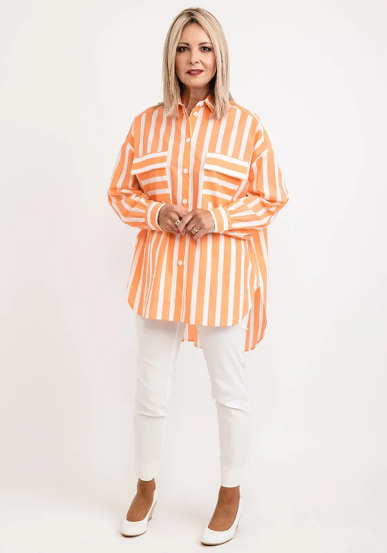 Just White Striped Oversized Striped Shirt, Orange-- Asymmetrical Pockets Print