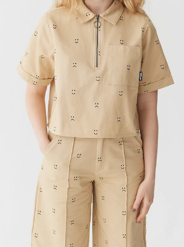 Lazy Oaf Happy Sad Cropped Zip Shirt-- Mesh Blend Leather Blend Suede Blend