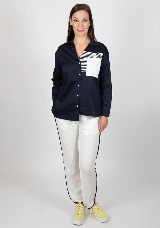 Inco Contrast Pocket V Neck Shirt, Navy & White-- Zippered Buttoned Snapped
