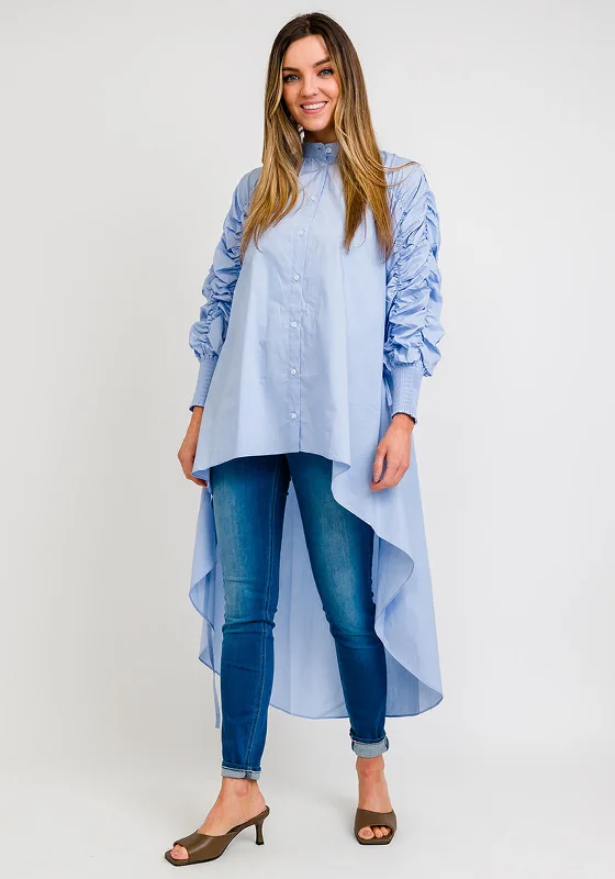 Jovonna Space Hi-Low Ruched Shirt, Blue-- Cozy Warm Stylish