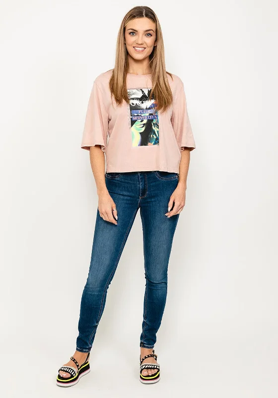 Guess Womens Graphic Boxy T-Shirt, Pink-- Welt Pockets Slit Pockets