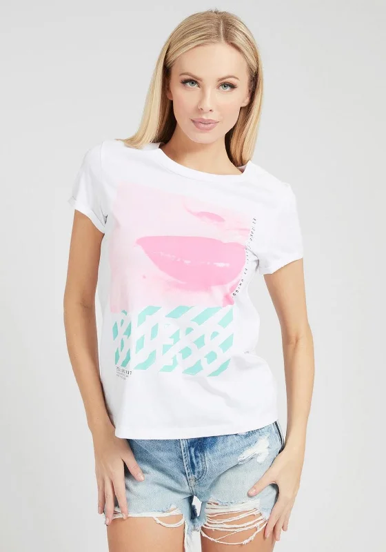 Guess Womens Neon Retro Graphic T-Shirt, White-- Collared Crew Neck Turtle Neck