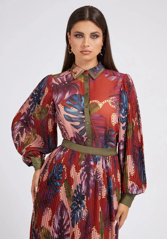 Guess Womens Pleat Sleeve Printed Shirt, Floral Fantasy-- Collared Crew Neck Turtle Neck Guess Womens Pleat Sleeve Printed Shirt, Floral Fantasy-- Collared Crew Neck Turtle Neck