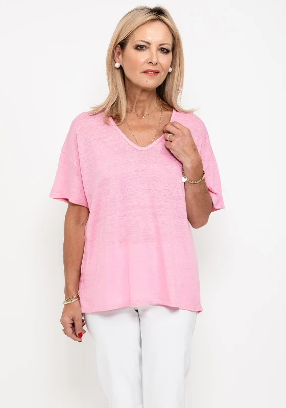 Seventy1 One Size V Neck Linen T-Shirt, Pink-- Polka Dot Checkered Tartan