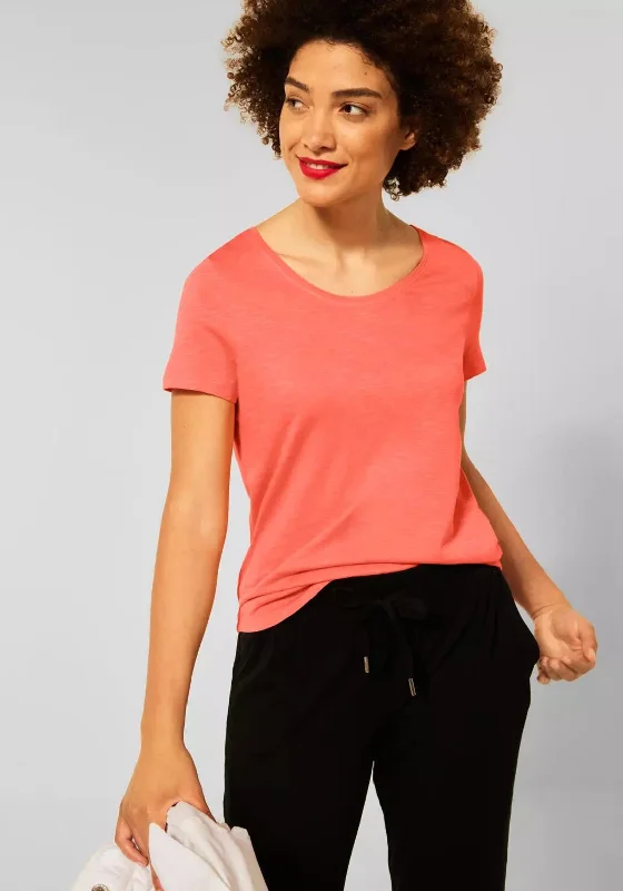 Street One V Neck T-Shirt, Sunset Coral-- Solid Print Embellished