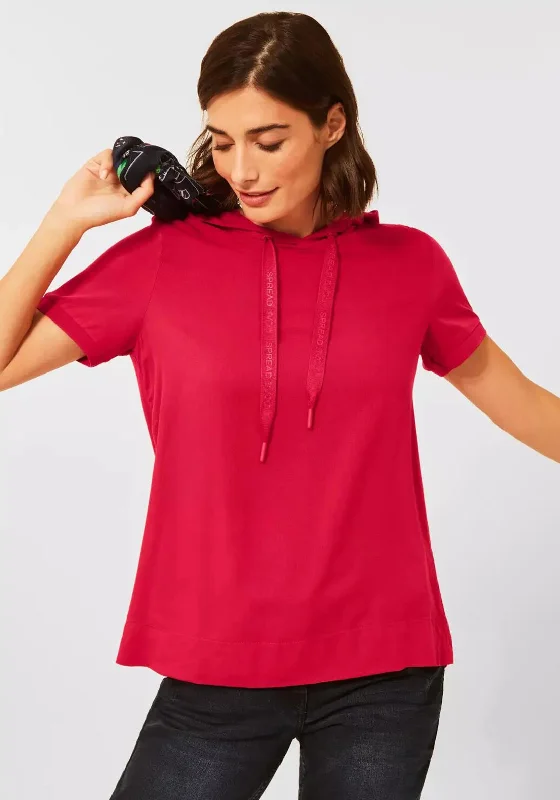 Cecil Short Sleeve Hooded T-Shirt, Hot Red-- Collared Crew Neck Turtle Neck