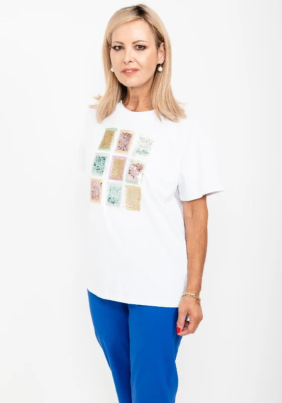 Seventy1 One Size Sequin Squares T-Shirt, White & Green-- Silk Blend Satin Velvet