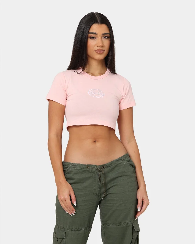 Champion Women's Heritage 90s Logo T-Shirt Primer Pink-- Ribbed Striped Patterned