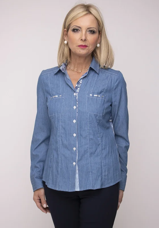 Just White Rear Pattern Denim Shirt, Blue-- Solid Print Embellished