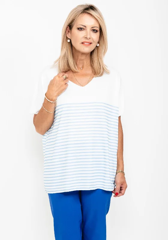 Seventy1 One Size Striped T-Shirt, White & Light Blue-- Fashionable Trendy Casual