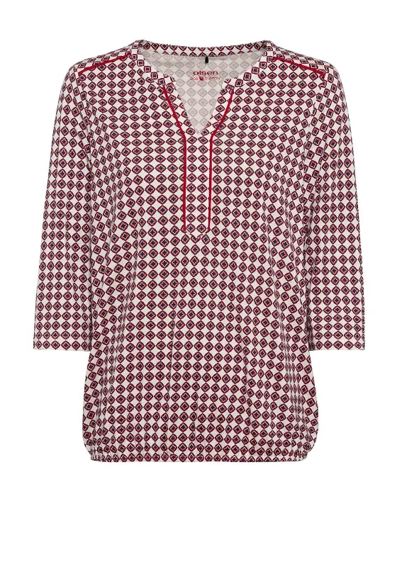 Olsen Tunic Neck Printed T-Shirt, Red Multi-- Casual Formal Business